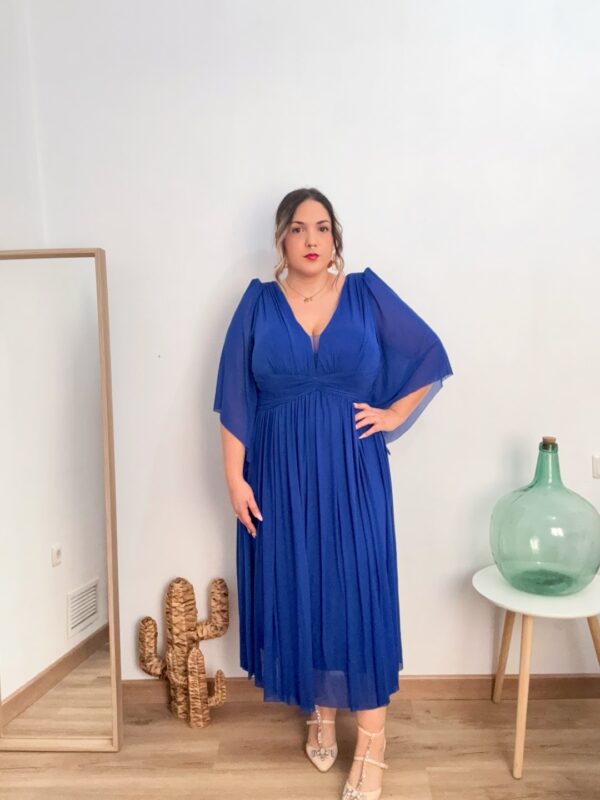 Vestido gasa hombros manga fluida azul - Imagen 3