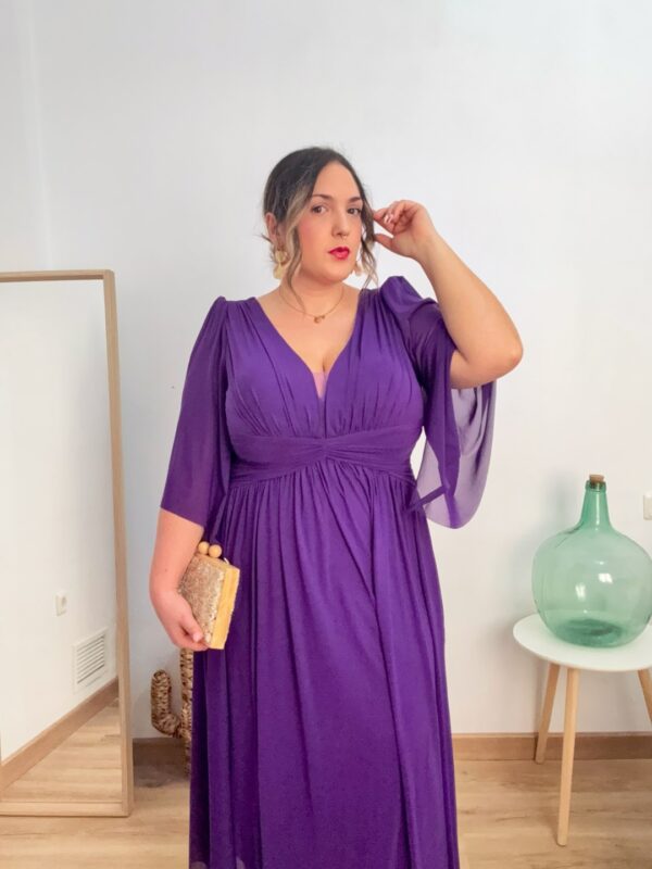 Vestido gasa hombros manga fluida morado - Imagen 4