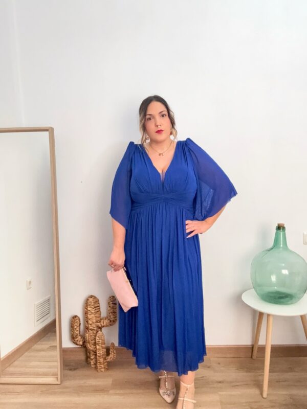 Vestido gasa hombros manga fluida azul - Imagen 5