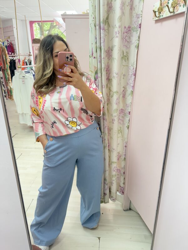 Pantalon ancho botones vaquero claro