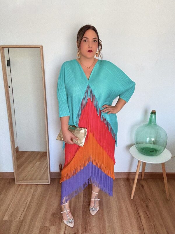 Vestido multitalla azul flecos