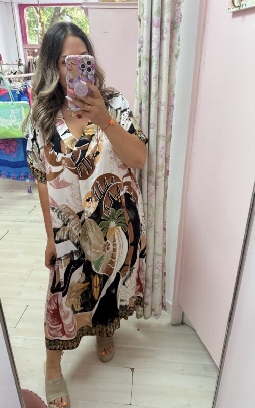 Vestido camisero hojas verde midi