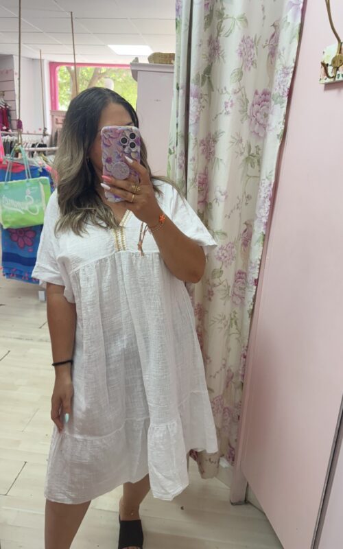 Vestido blanco corto algodon pico oro