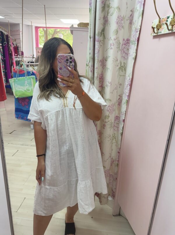 Vestido blanco corto algodon pico oro
