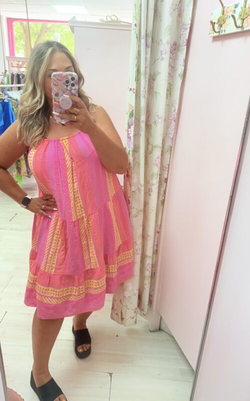 Vestido algodon rayas fucsia