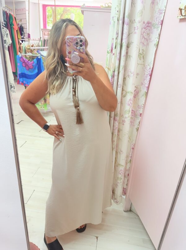 Vestido pompones  flecos beige