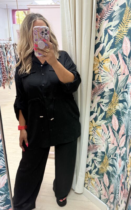 Conjunto tela bolsillos rizo cintura negro