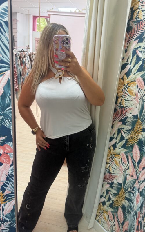 Camiseta atada cuello brillo