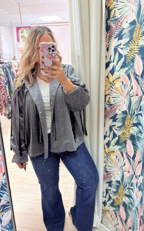 Chaqueta flecos glitter plata