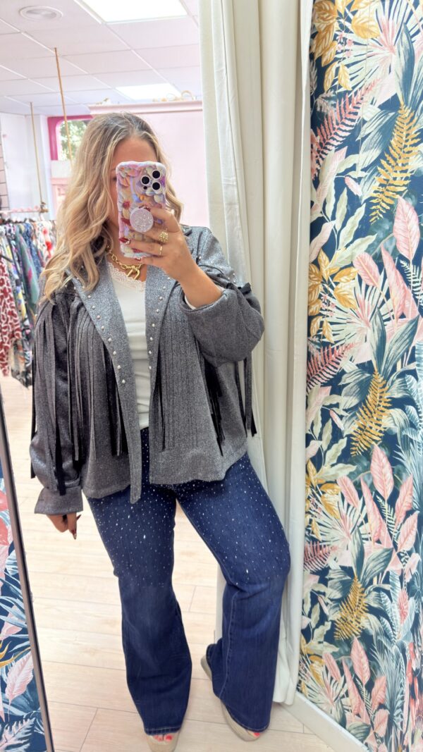 Chaqueta flecos glitter plata