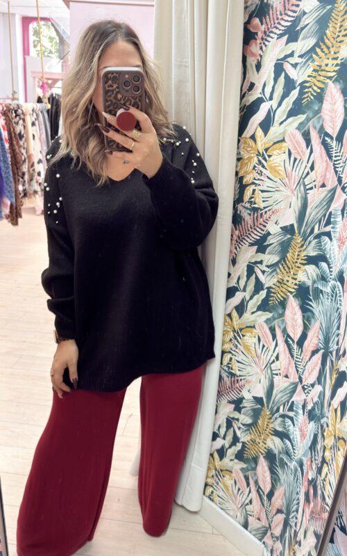 Pantalon lana ancho granate