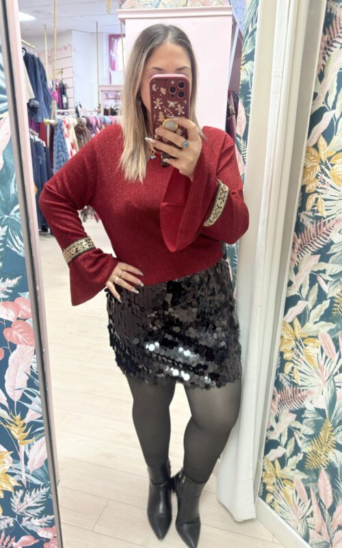 Camiseta glitter manga campana roja