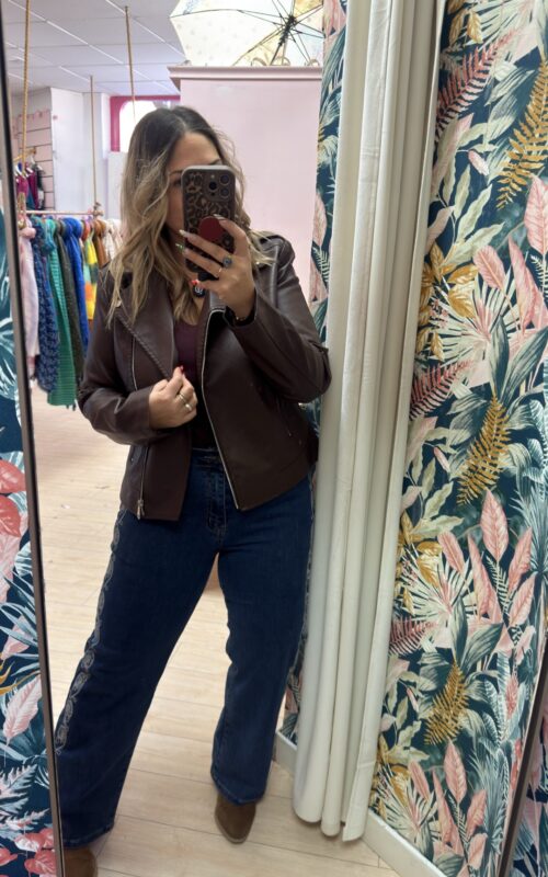 Chaqueta polipiel cremalleras marron