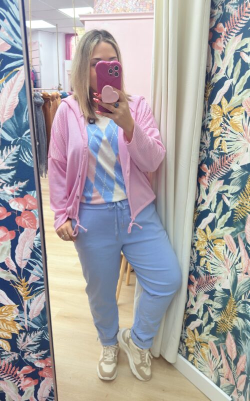 Chaqueta abierta rayada rosa