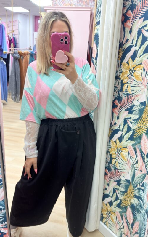 Camiseta rombos verde agua manga encaje