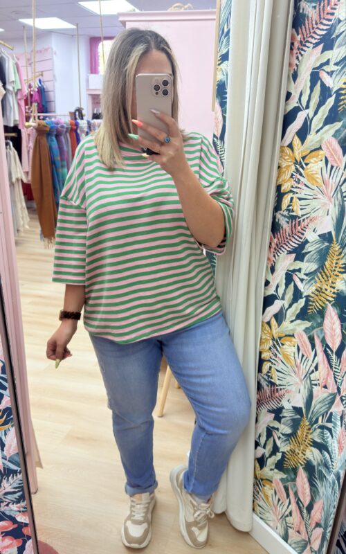 Camiseta rayas verde y rosa