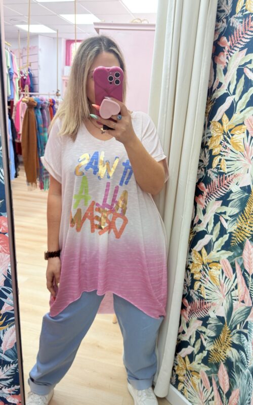 Camiseta asimetrica degradada rosa