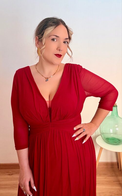 Vestido gasa largo elastico Granate