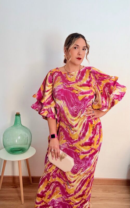 Vestido volantones buganvilla plisado