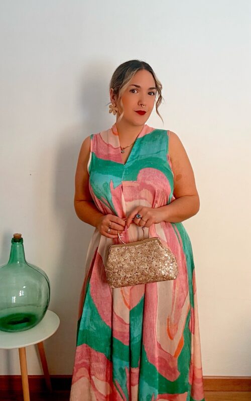 Vestido largo tela glitter turquesa