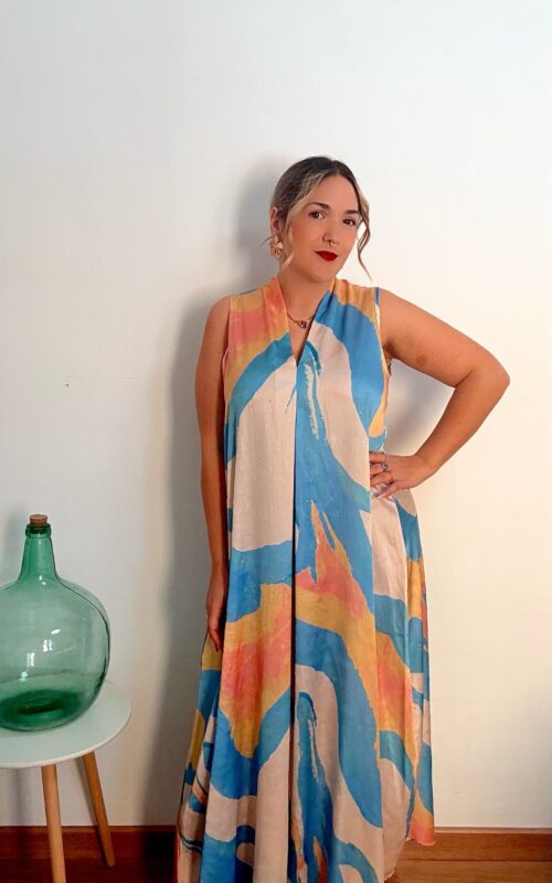 Vestido largo tela glitter celeste