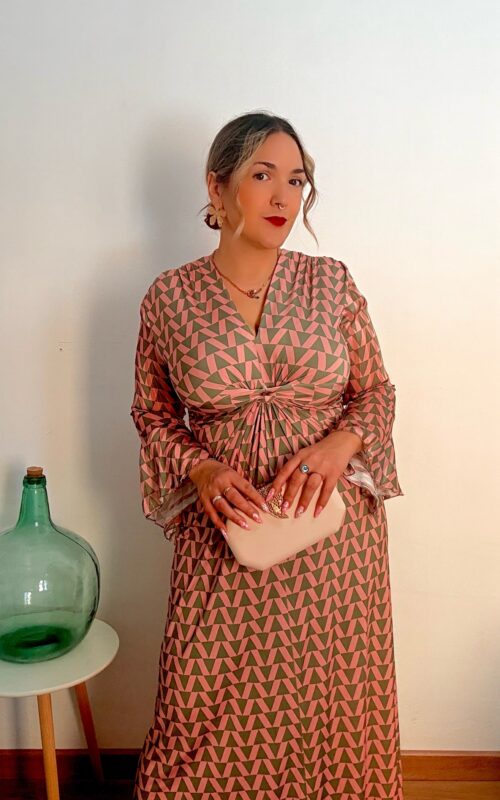 Vestido largo rosa y verde