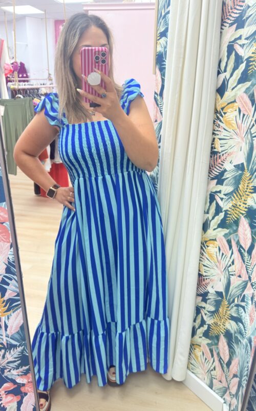 Vestido rayas celeste nido de abeja