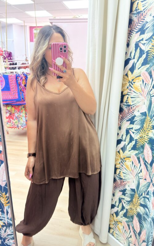 Blusa tirantes brillo largo marron