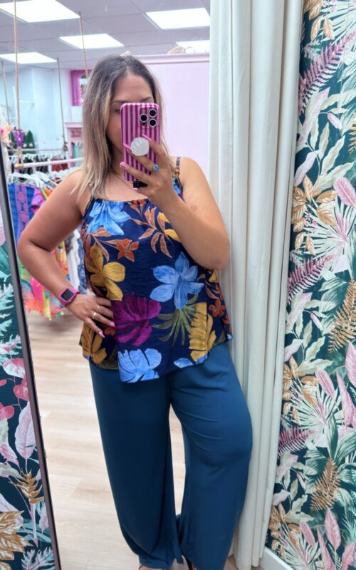 Blusa flores tirante piedras azul