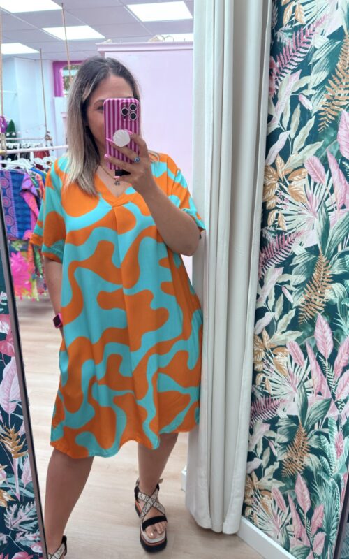 Vestido tela naranja y turquesa