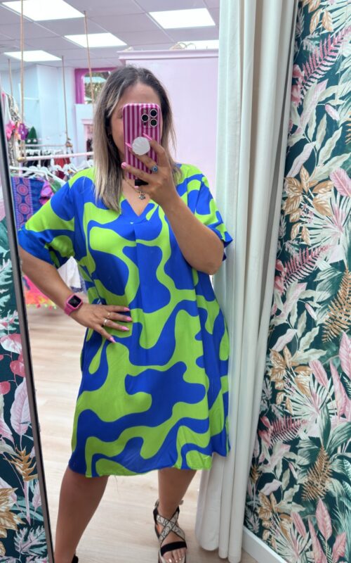 Vestido tela azulon y verde