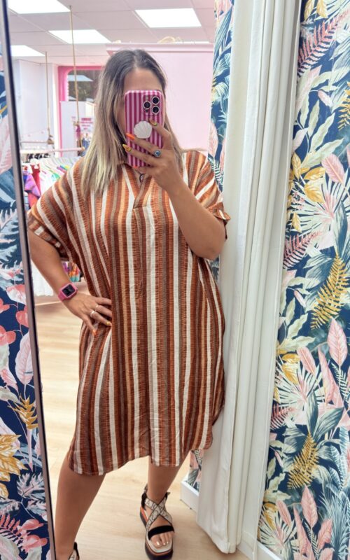 Vestido camisero corto marron rayas