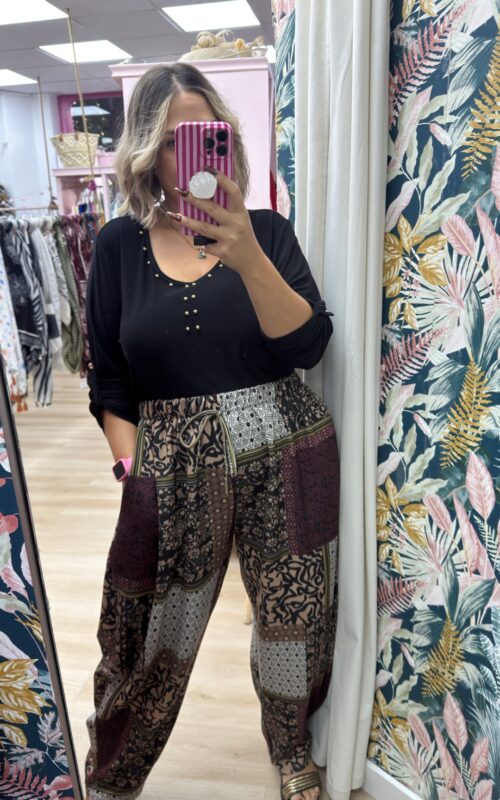 Pantalon bombacho elastico patchword flores