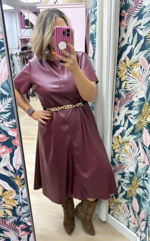 Vestido polipiel evase granate